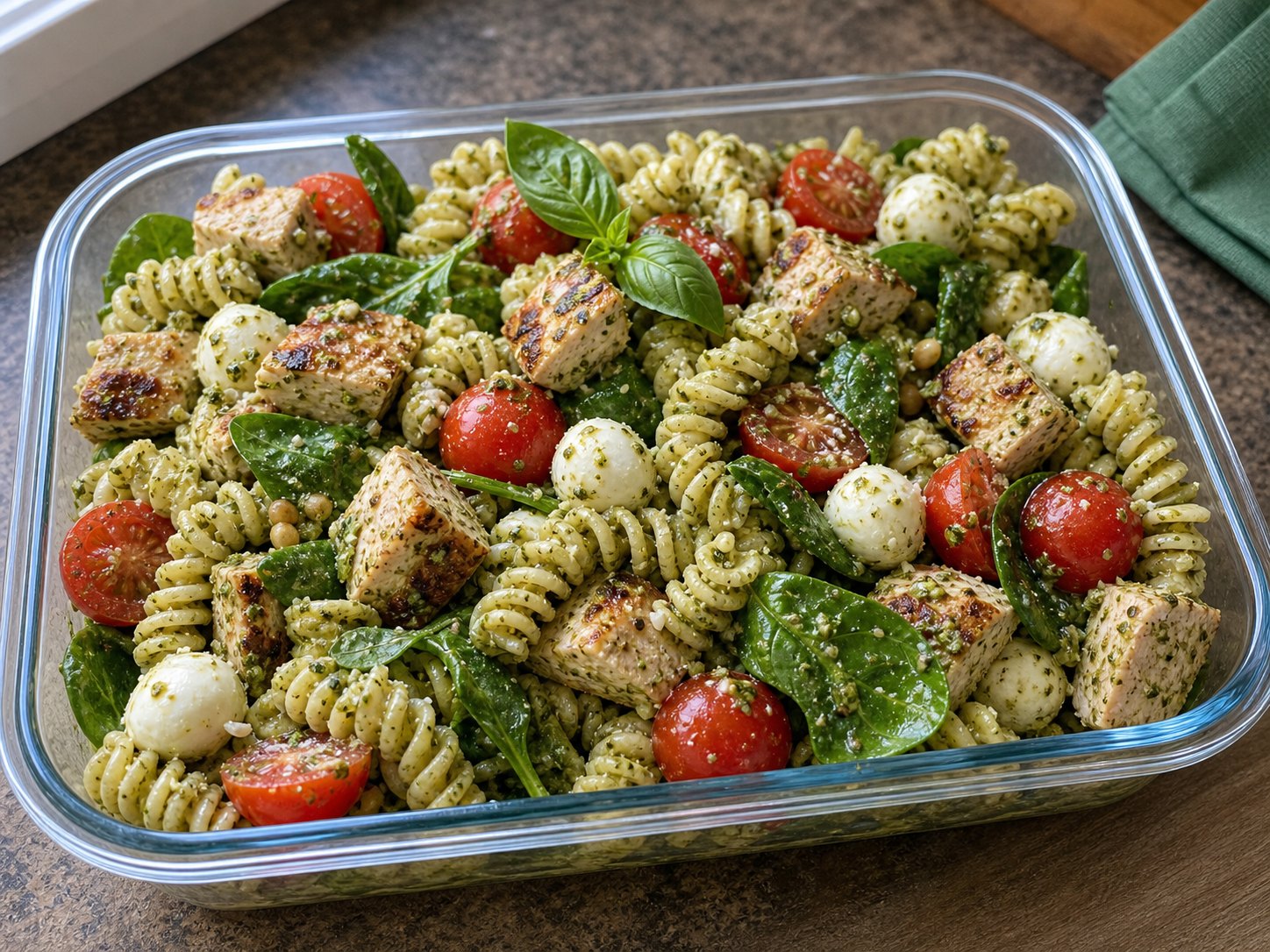Finished pesto chicken rotini pasta salad lightly tossed with basil pesto, grilled chicken, cherry tomatoes, mozzarella pearls, spinach, and basil.