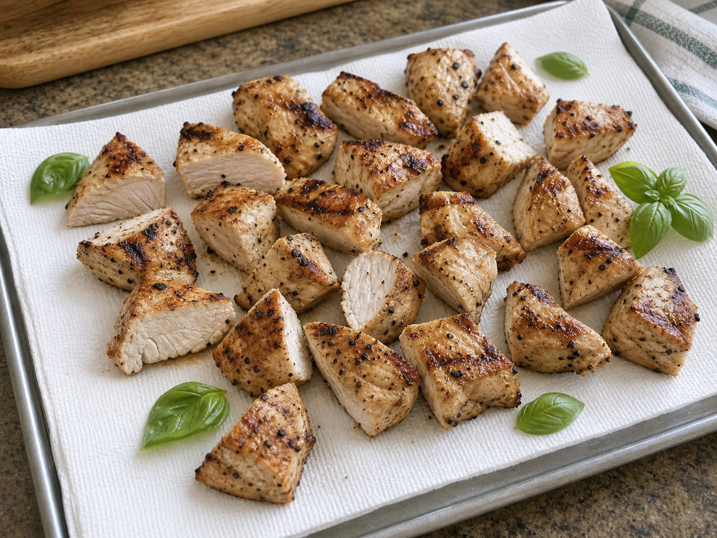 Grilled chicken pieces cooling before pesto chicken rotini pasta salad.