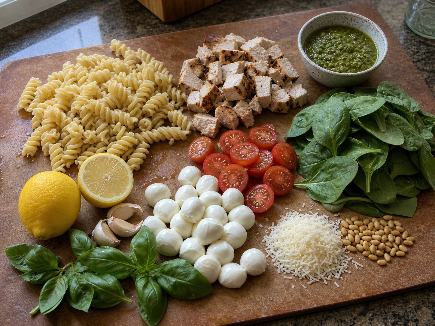 Pesto chicken rotini pasta salad ingredients with rotini, grilled chicken, cherry tomatoes, mozzarella pearls, spinach, basil, lemon, garlic, parmesan, pine nuts, and pesto dressing.