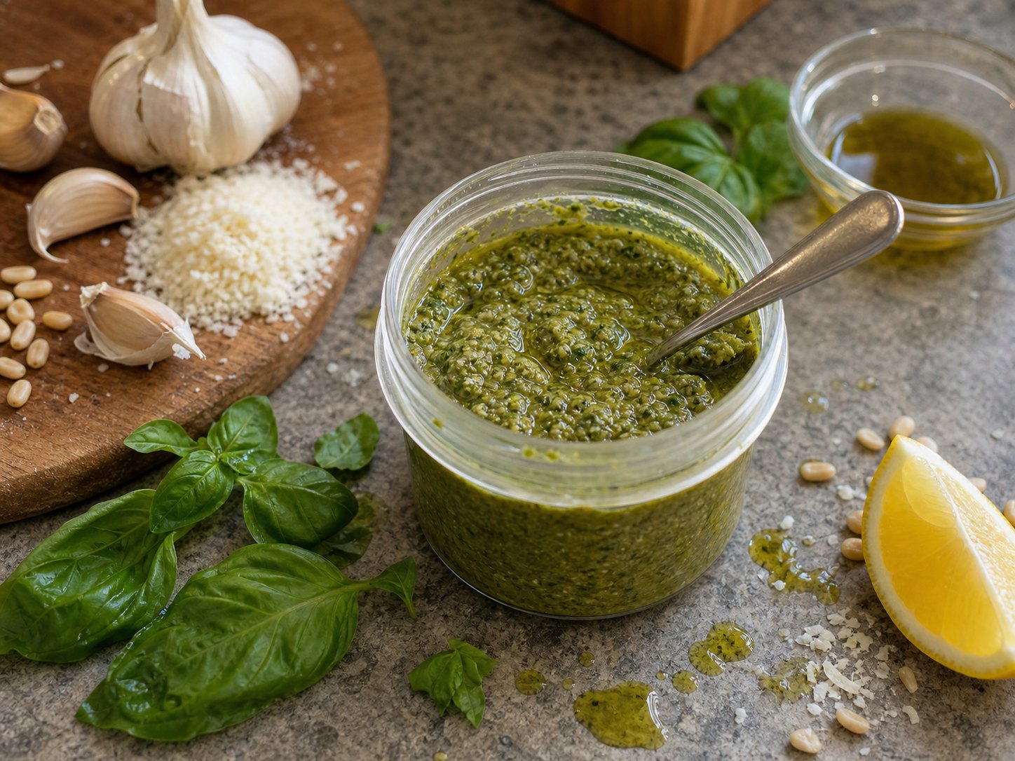 Lemon basil pesto dressing in a small cup for cold pesto chicken pasta salad.