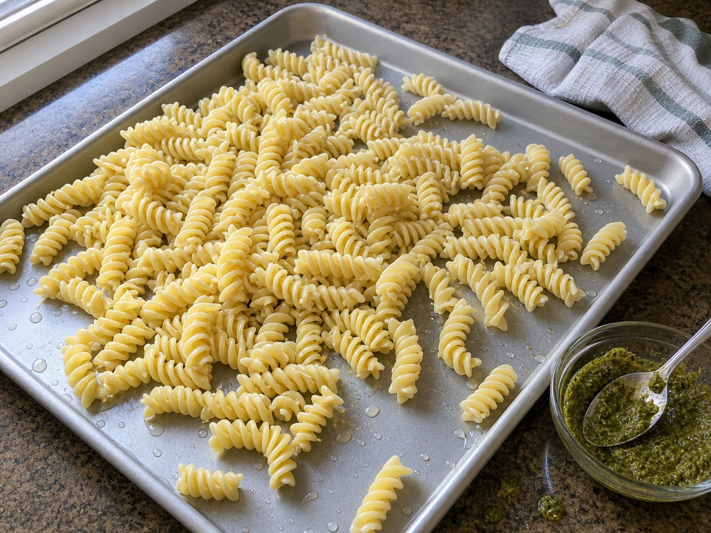 Cooked rotini cooling loose on a sheet pan before pesto chicken pasta salad.
