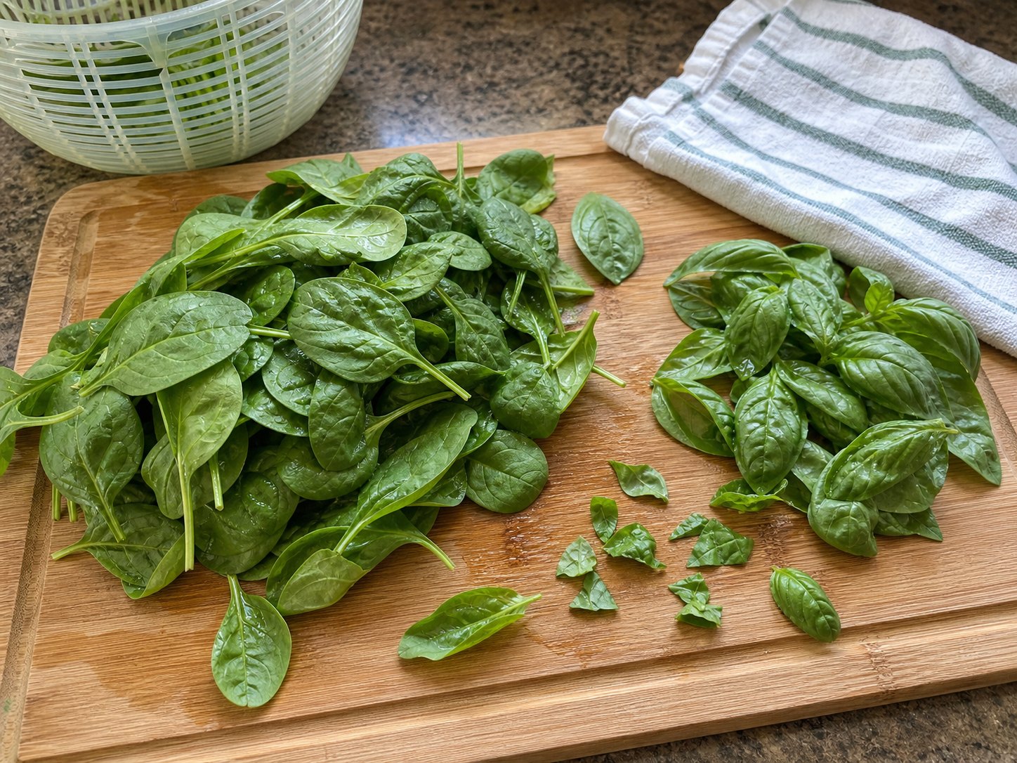 Baby spinach and basil leaves drying for pesto chicken pasta salad.