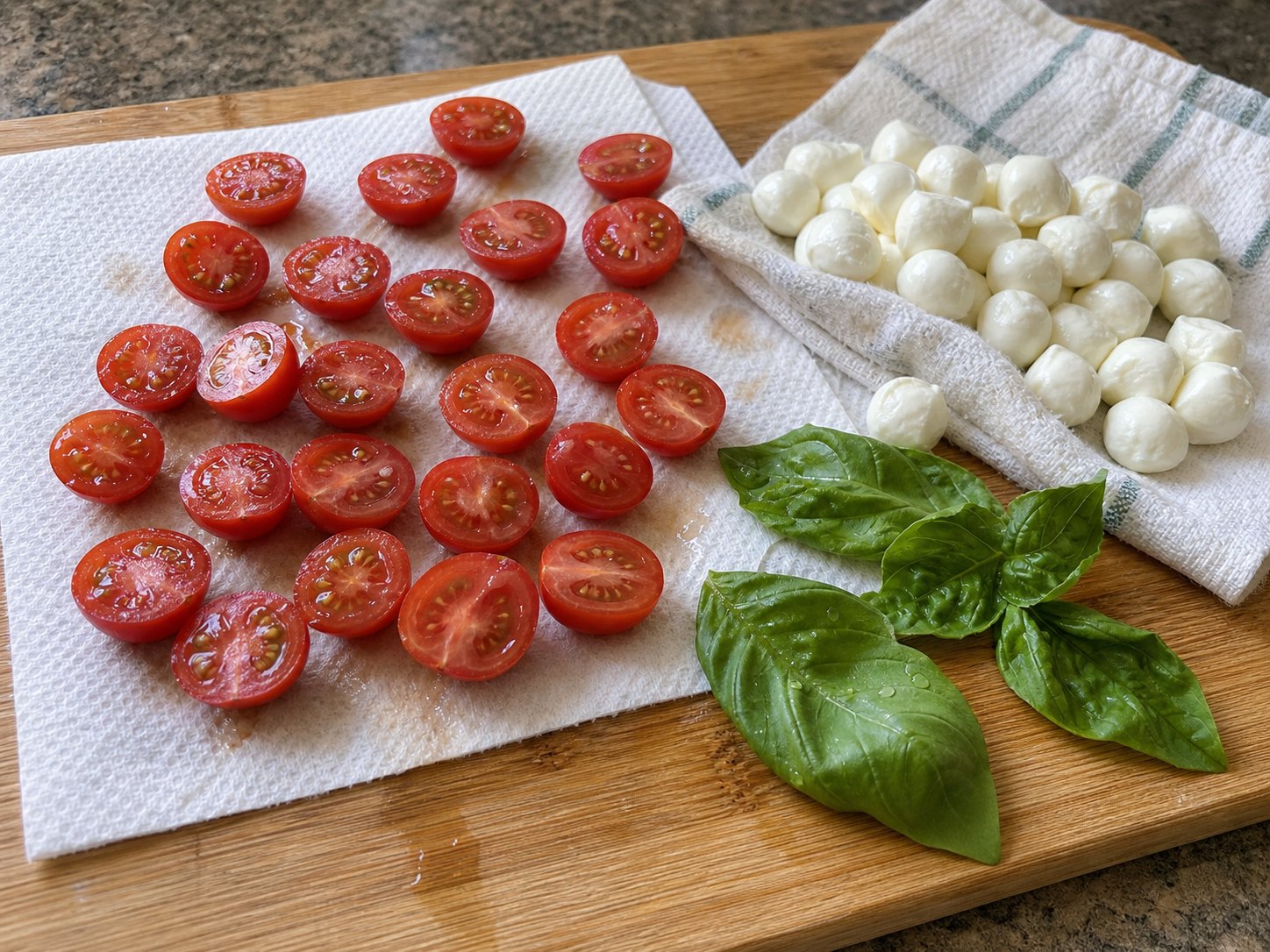 Halved cherry tomatoes and mozzarella pearls draining for pesto chicken pasta salad.