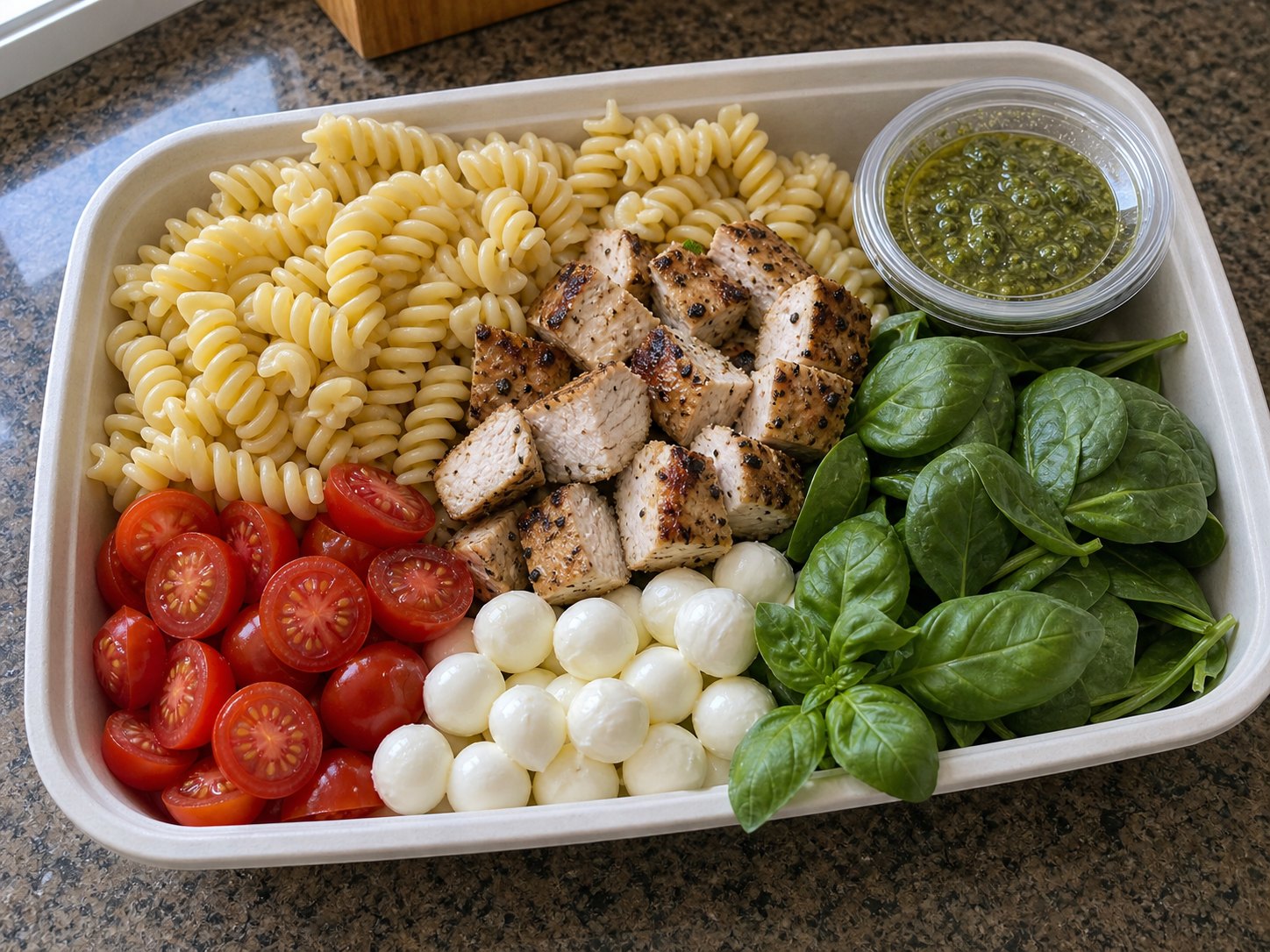 Unmixed pesto chicken rotini pasta salad packed with pasta, grilled chicken, tomatoes, mozzarella, spinach, basil, and lemon pesto dressing cup.