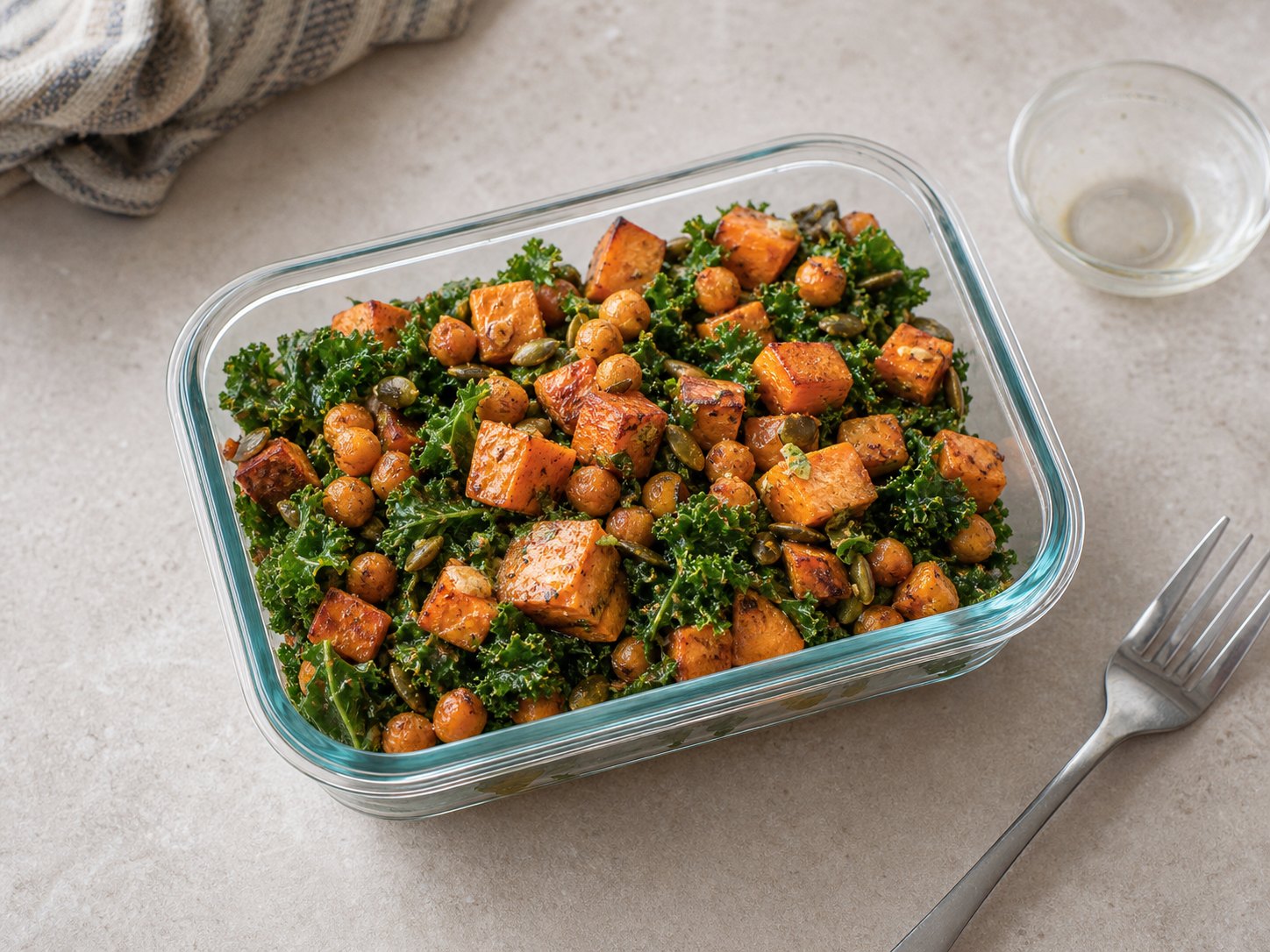 Finished roasted sweet potato kale salad lightly mixed with maple Dijon dressing, chickpeas, pumpkin seeds, and massaged kale.