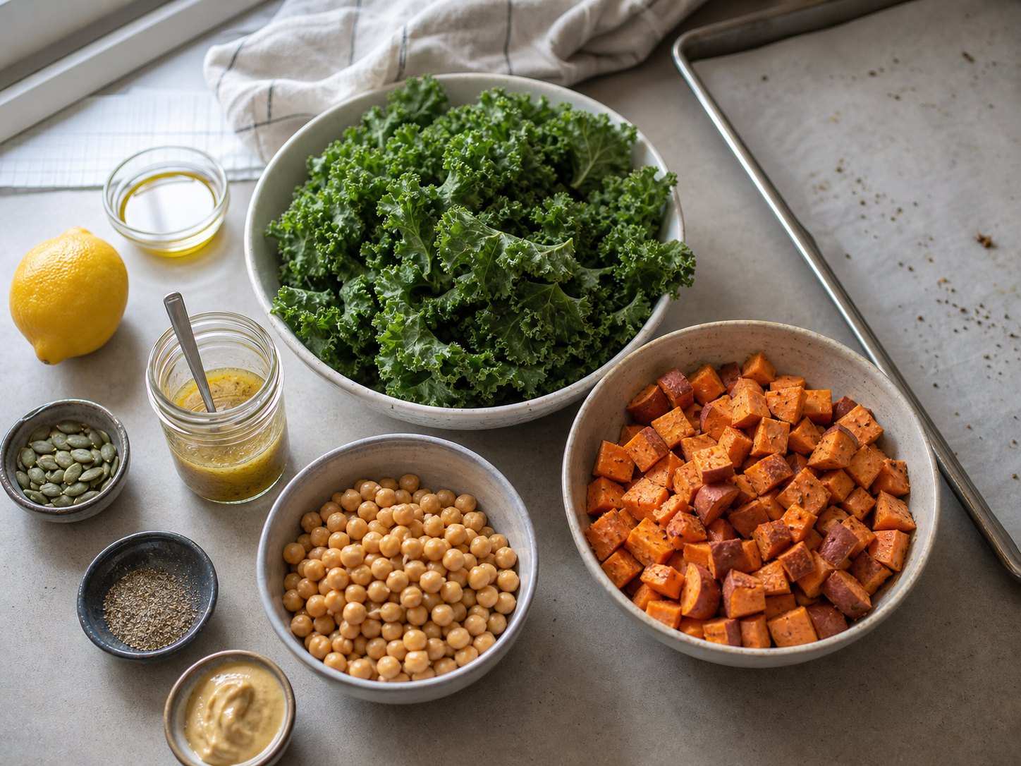 Roasted sweet potato kale salad ingredients with cubed sweet potatoes, kale, chickpeas, pumpkin seeds, maple Dijon dressing ingredients, lemon, mustard, and olive oil.