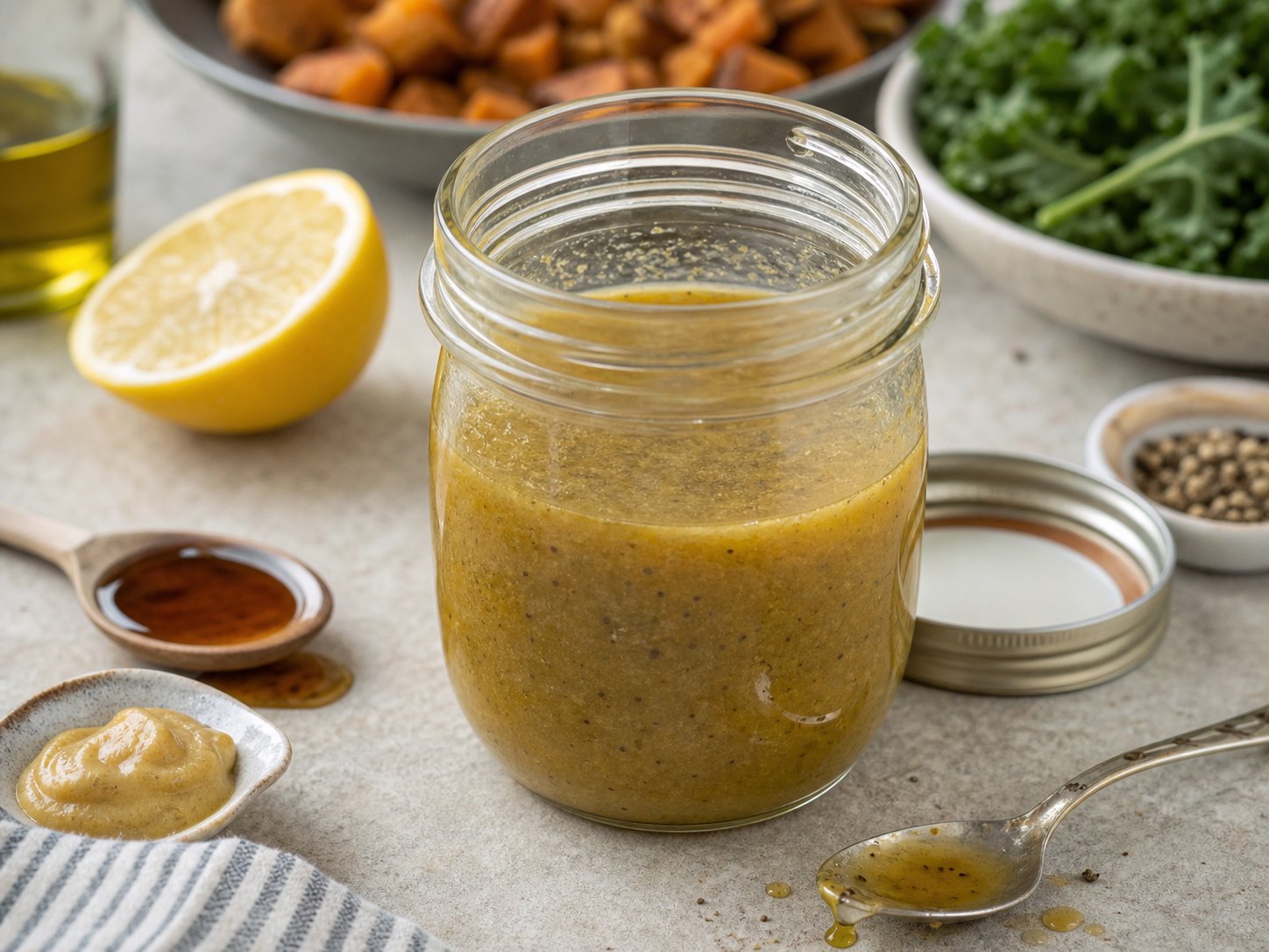 Maple Dijon vinaigrette in a small jar with lemon, mustard, olive oil, pepper, and maple syrup.