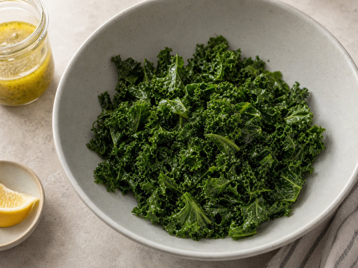 Massaged kale in a bowl for roasted sweet potato kale salad.