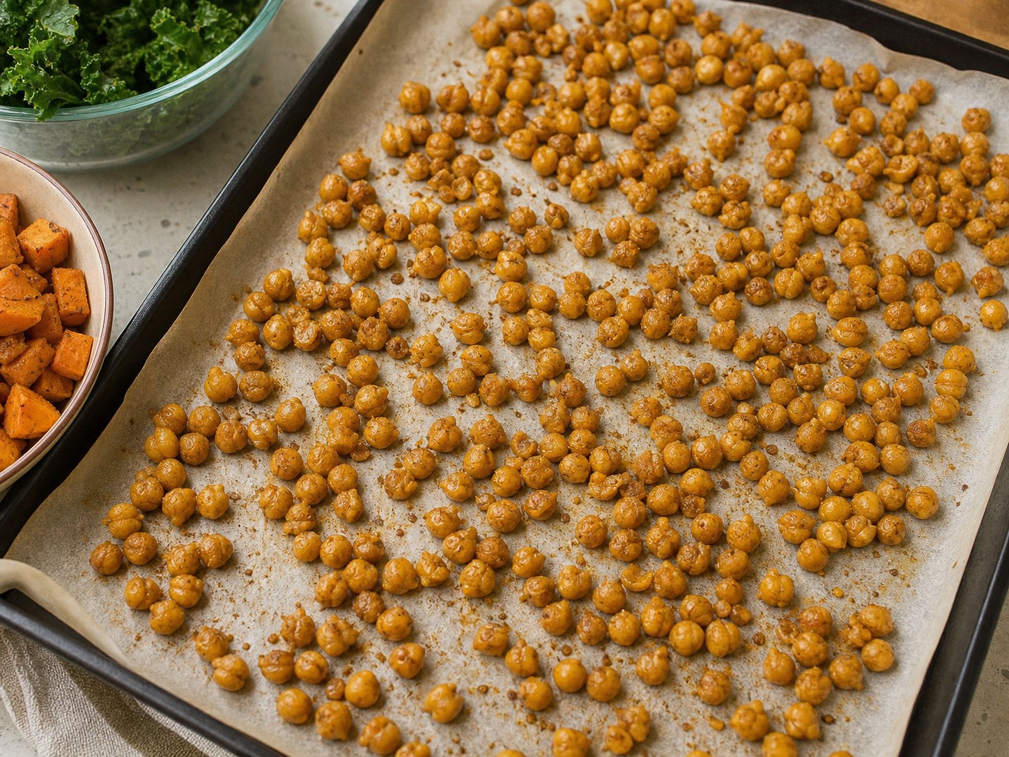 Roasted chickpeas cooling on a sheet pan for roasted sweet potato kale salad.