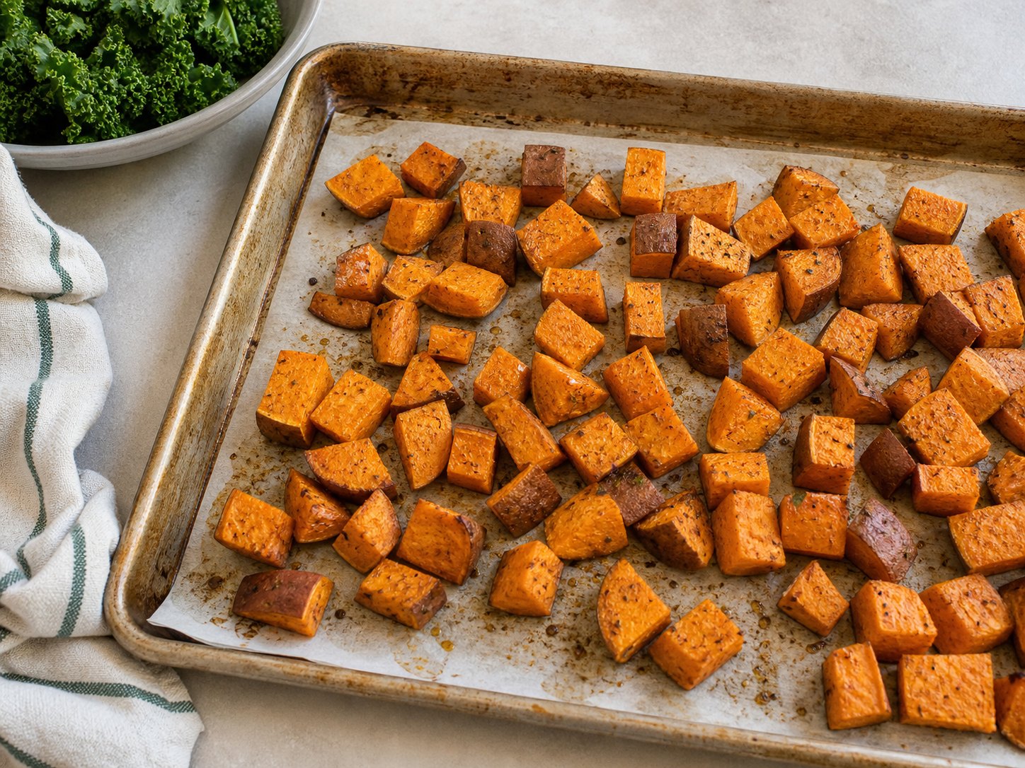 Roasted sweet potato cubes cooling on a sheet pan for roasted sweet potato kale salad.