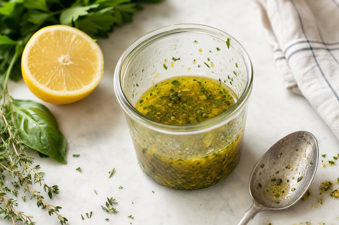Small cup of lemon herb vinaigrette with lemon and herbs nearby.