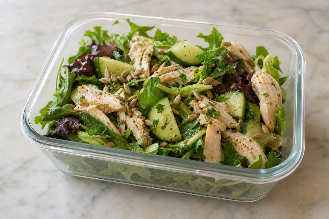 Finished rotisserie chicken salad with lemon herb dressing and sunflower seeds.