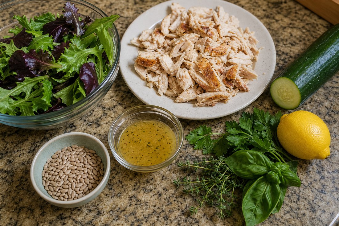 Rotisserie chicken salad ingredients with mixed greens, cucumber, hand-torn chicken, lemon, herbs, dressing, and sunflower seeds.
