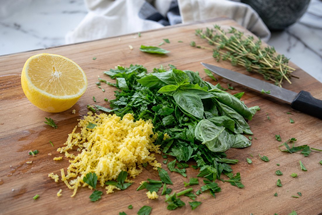 Lemon zest and fresh herbs prepared for lemon herb dressing.