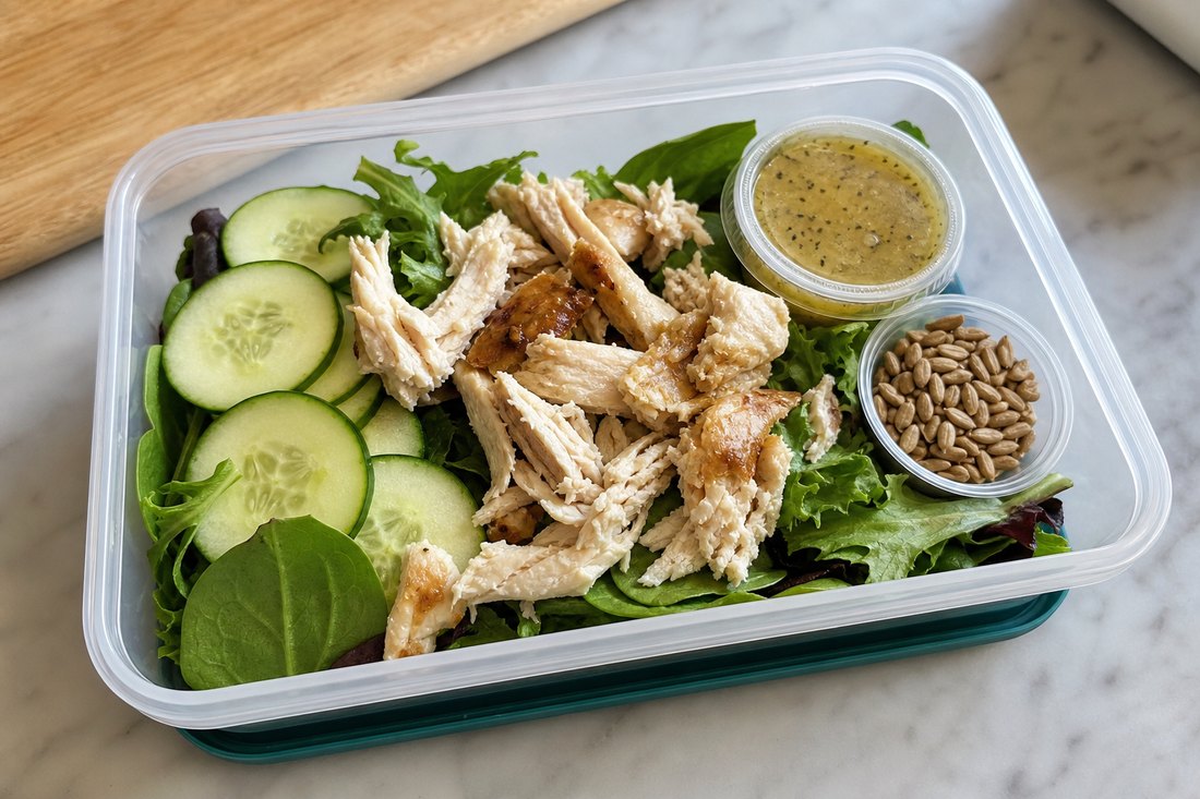 Packed rotisserie chicken salad lunch box with dressing and sunflower seeds kept separate.