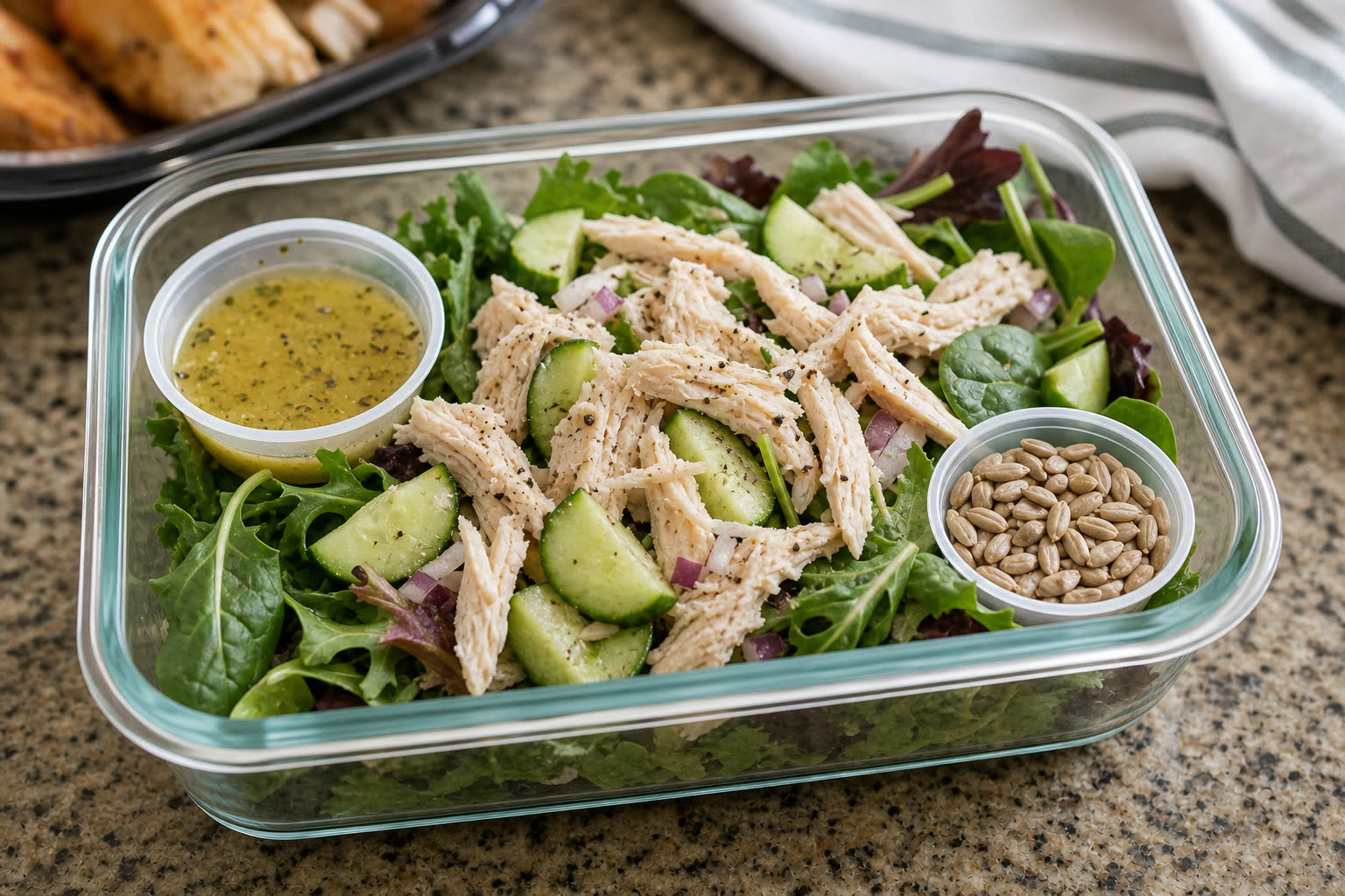 Rotisserie Chicken Salad with Lemon Herb Dressing prepared as a workday lunch salad.