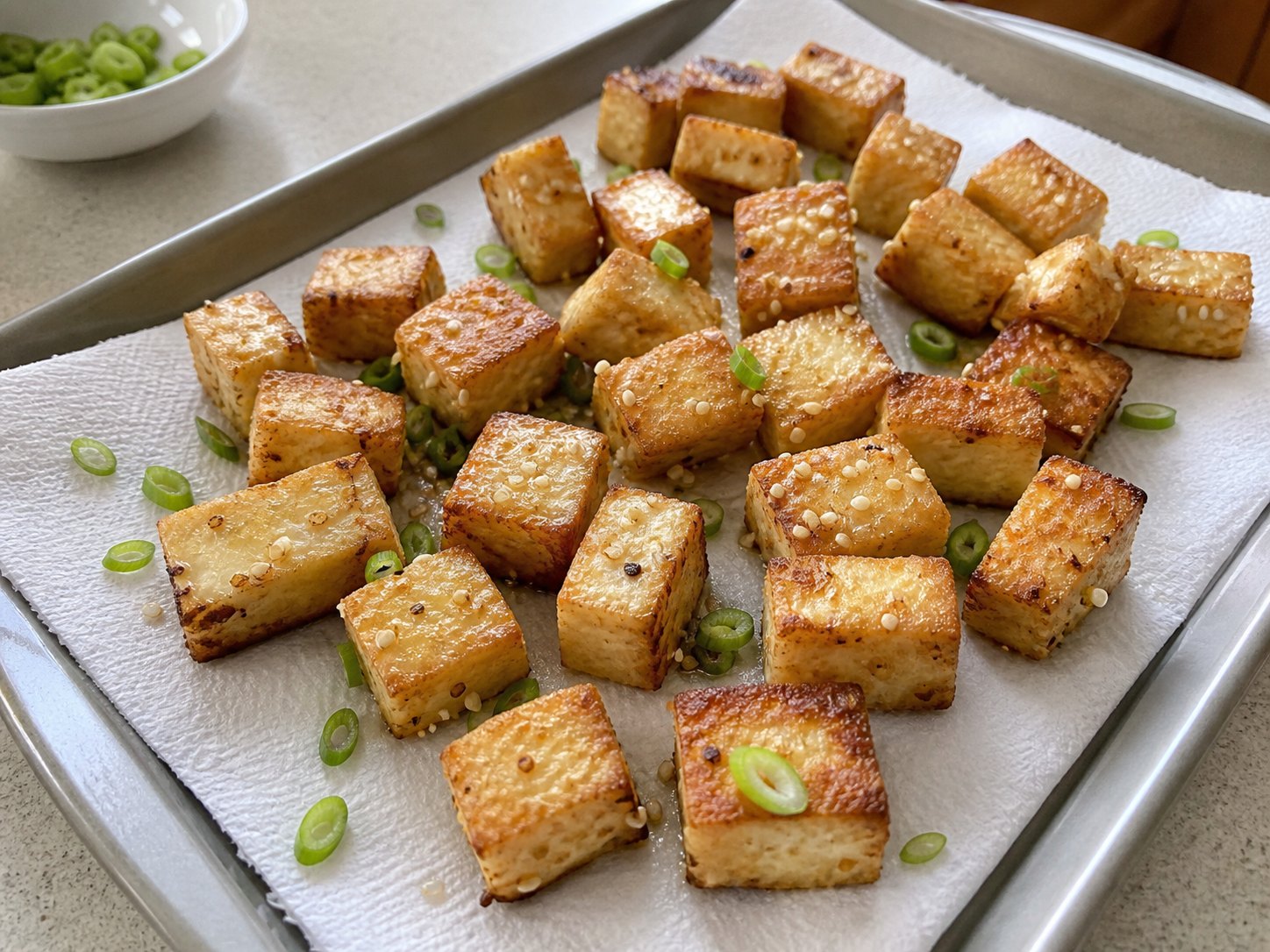 Golden sesame tofu cubes cooling on a towel before packing sesame tofu cabbage salad.