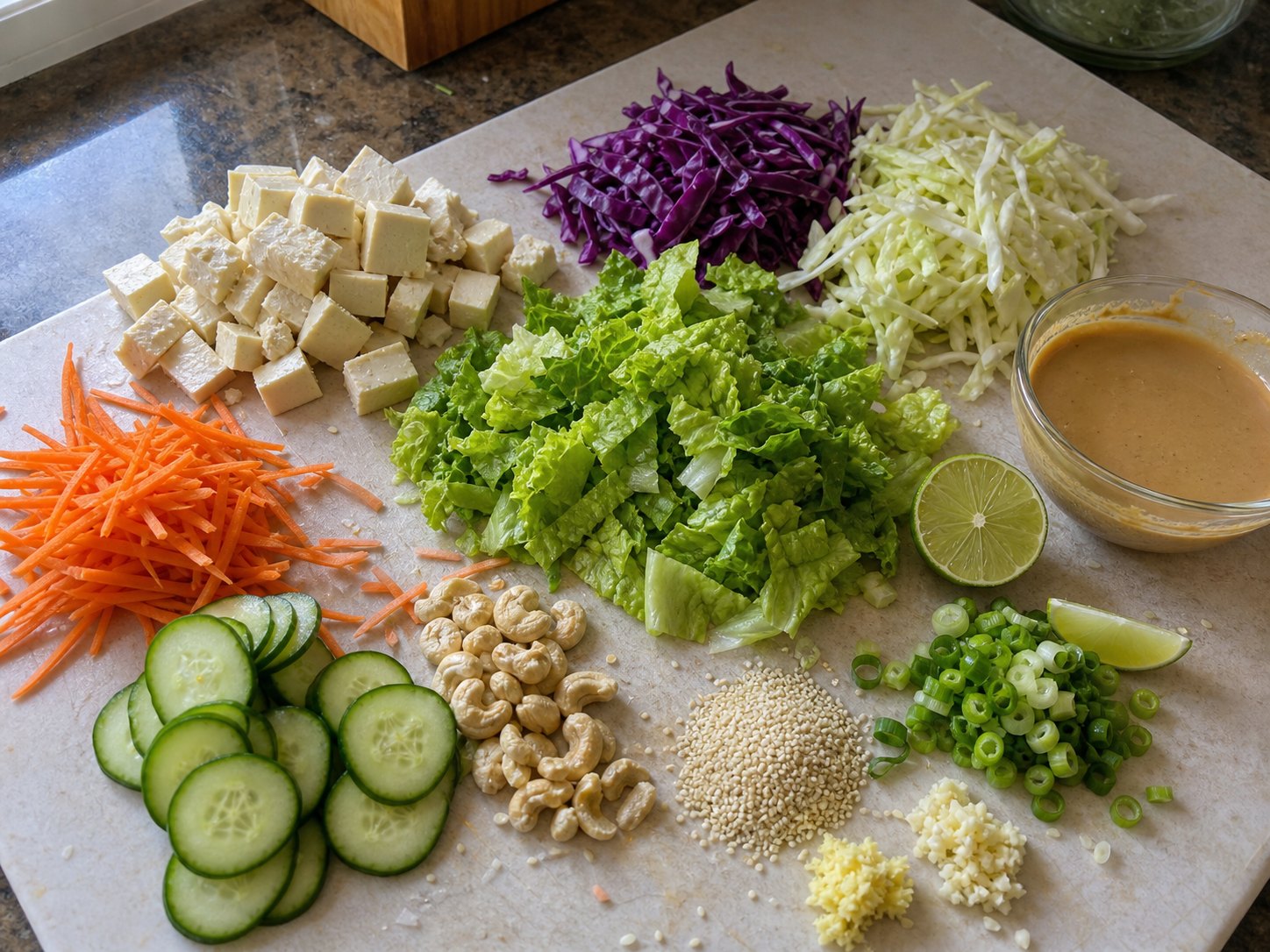 Sesame tofu cabbage salad ingredients with tofu, purple cabbage, pale cabbage, romaine, carrot, cucumber, cashews, sesame, scallions, ginger, garlic, lime, and dressing.