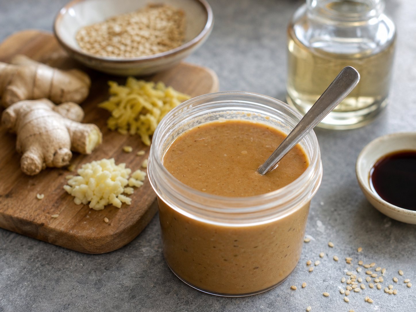 Creamy sesame ginger dressing in a small cup for sesame tofu cabbage salad.