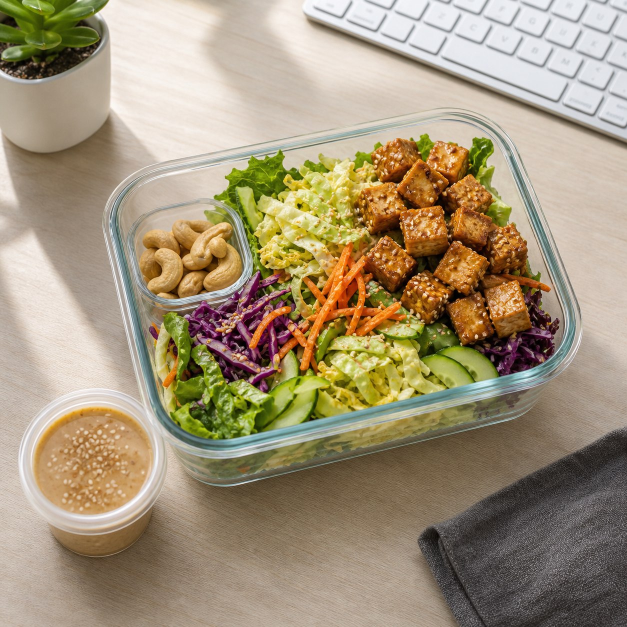 Sesame Tofu Cabbage Salad for Meal Prep prepared as a make-ahead lunch salad.