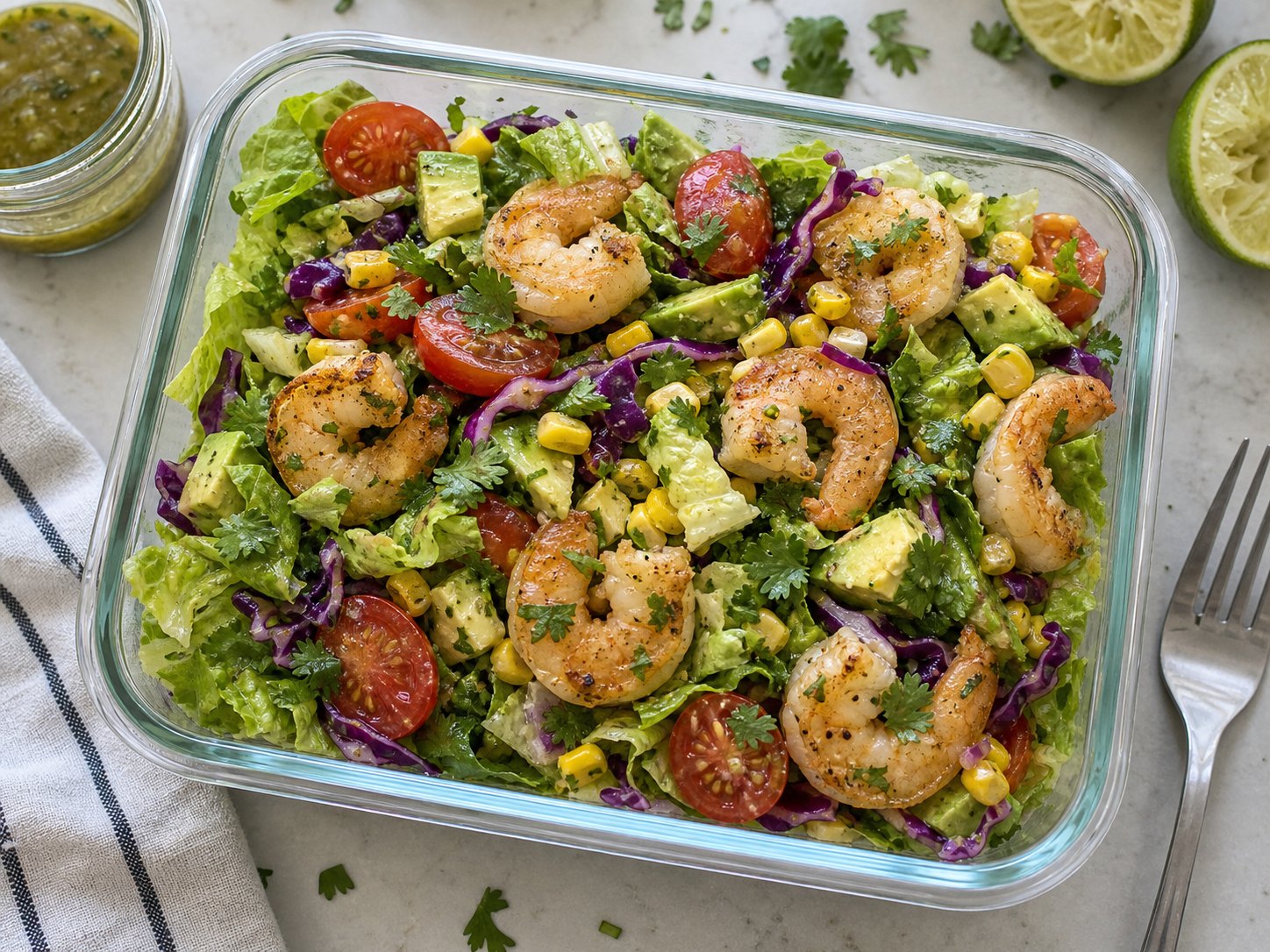 Finished shrimp avocado corn tomato salad lightly dressed with cilantro lime vinaigrette.