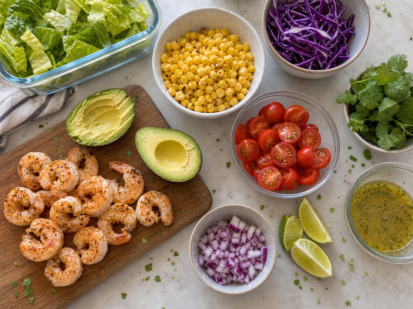 Shrimp avocado corn tomato salad ingredients with seared shrimp, avocado, corn, cherry tomatoes, romaine, purple cabbage, cilantro, lime, and dressing cup.