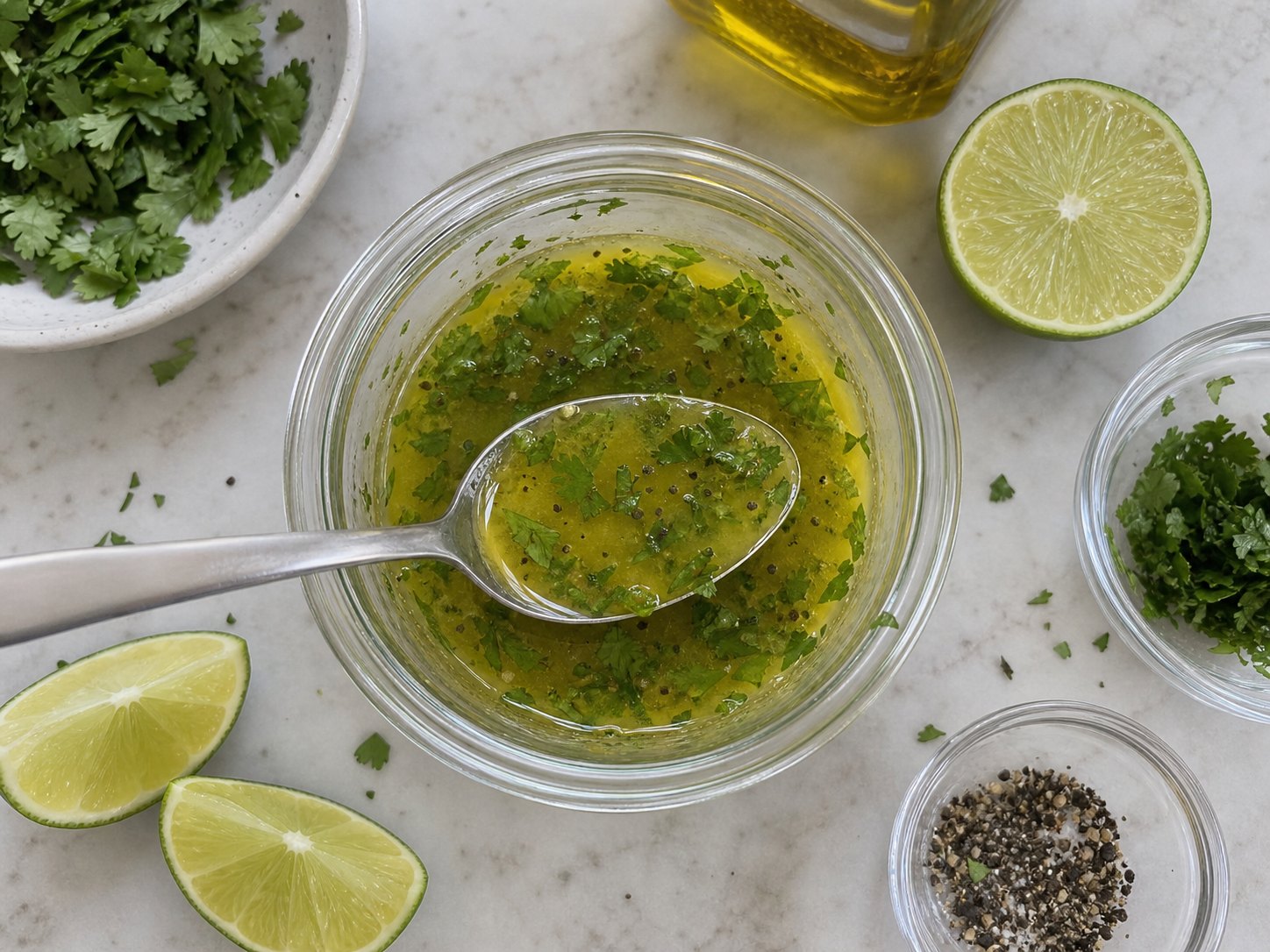 Lime cilantro olive oil vinaigrette in a small cup for shrimp avocado corn tomato salad.