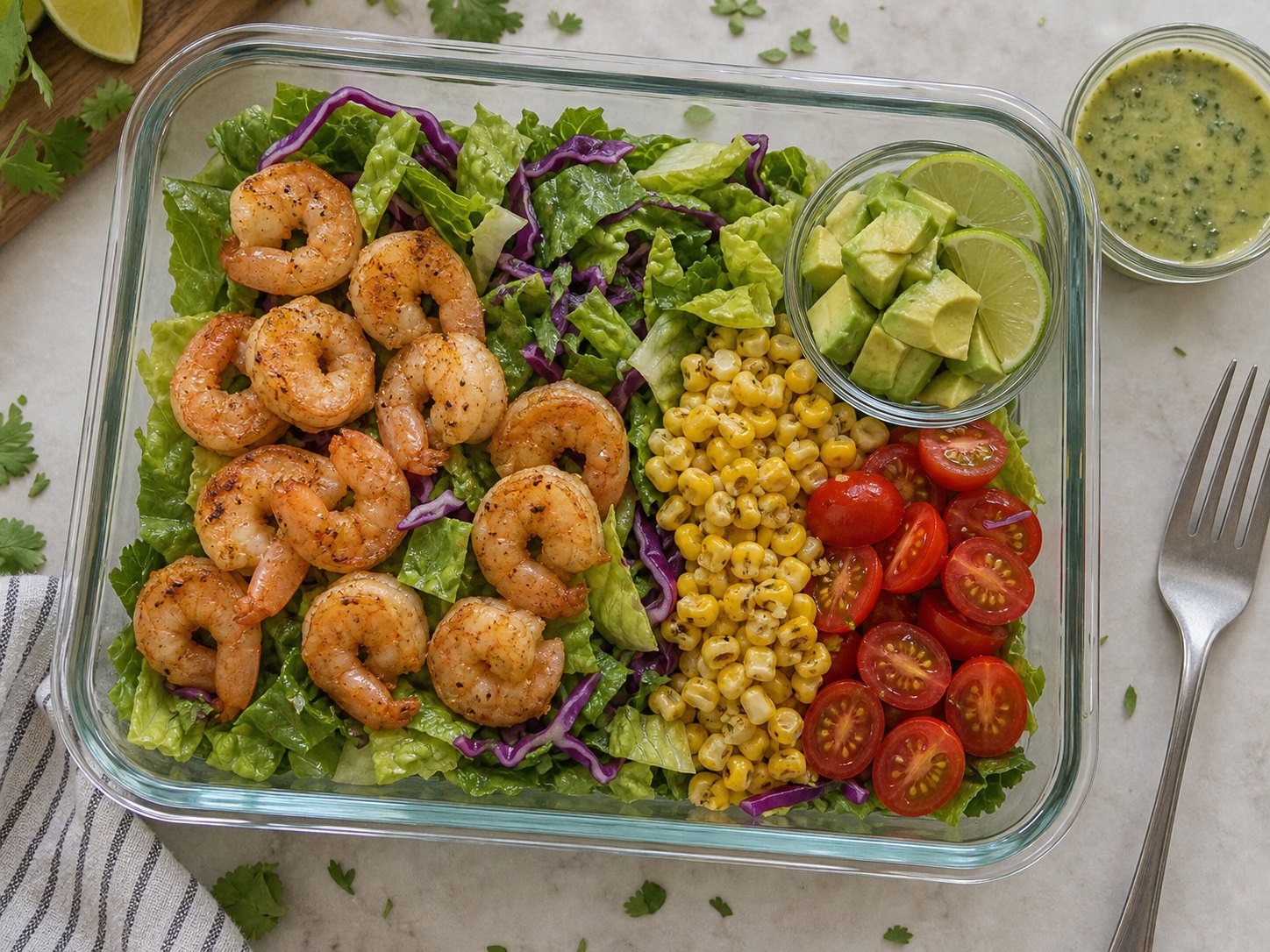 Unmixed shrimp avocado corn tomato salad packed with romaine, purple cabbage, shrimp, corn, tomatoes, avocado, and lime cilantro dressing cup.