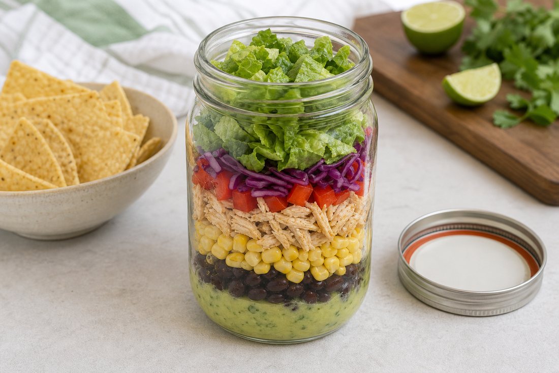 Completed Southwest chicken salad jar with dry romaine on top and tortilla chips kept separate.