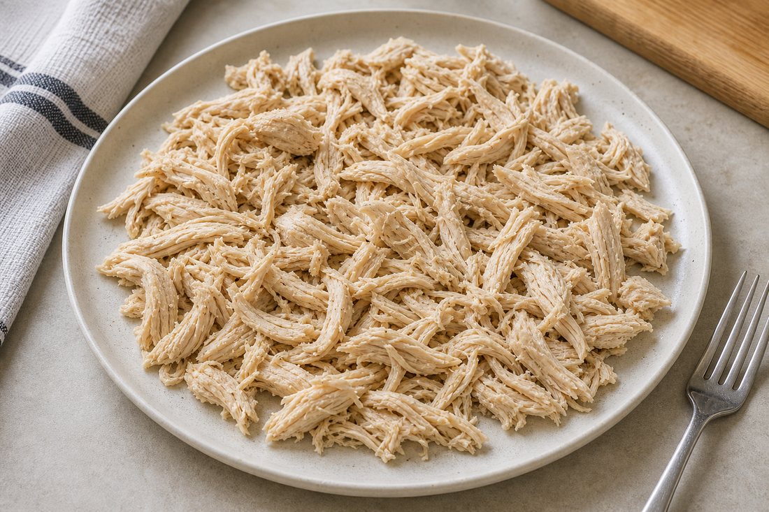 Cooked shredded chicken cooled on a plate before layering Southwest chicken salad jars.