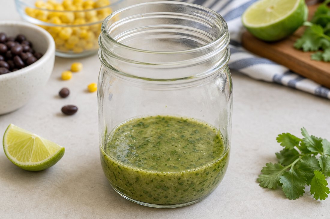 Lime cilantro dressing at the bottom of a mason jar for Southwest chicken salad jars.