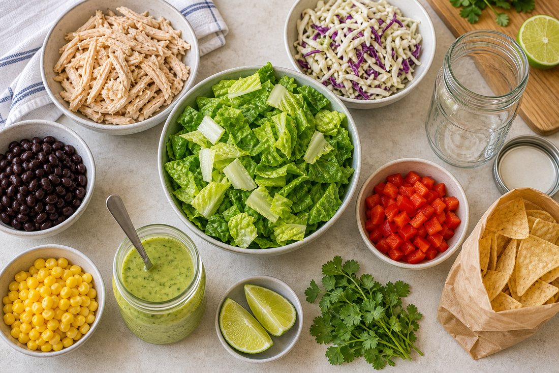Southwest chicken salad jar ingredients with shredded chicken, romaine, cabbage, black beans, corn, bell pepper, lime cilantro dressing, tortilla chips, and a clean mason jar.