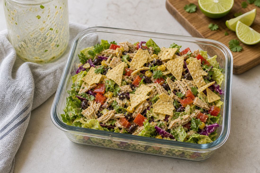 Southwest chicken salad poured from a jar and mixed with tortilla chips added last.