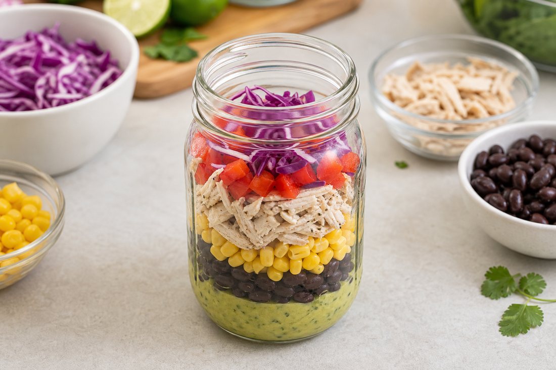Partially layered Southwest chicken salad jar with dressing, black beans, corn, chicken, and vegetables before romaine is added.