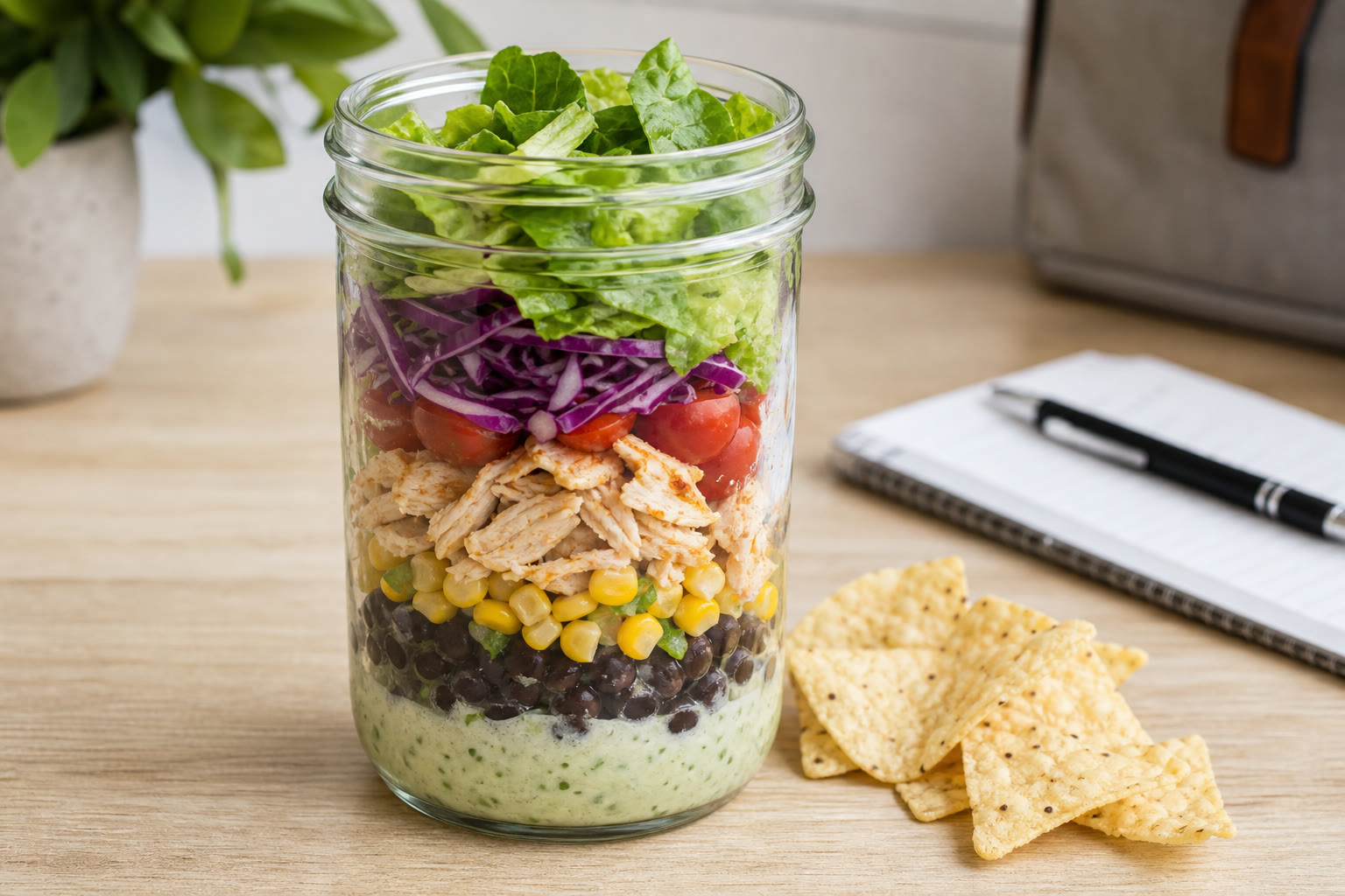 Southwest Chicken Salad Jars for Work Lunches prepared as a workday lunch salad.