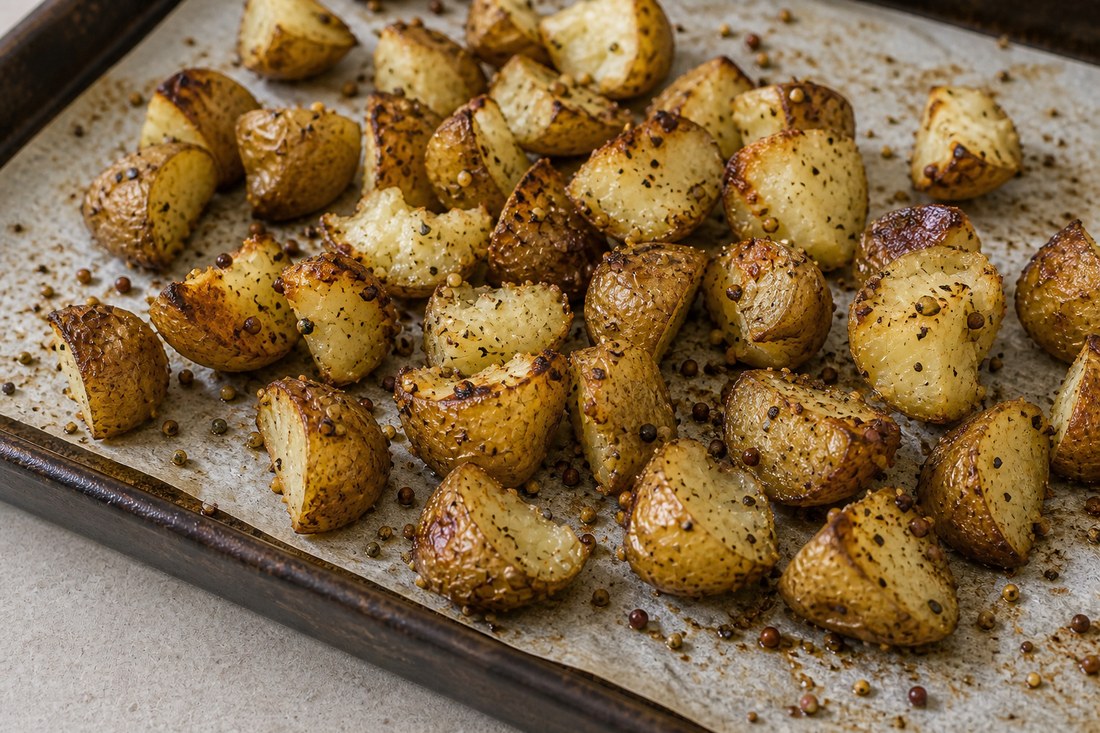 Crispy roasted potato chunks on a sheet pan for steak salad.