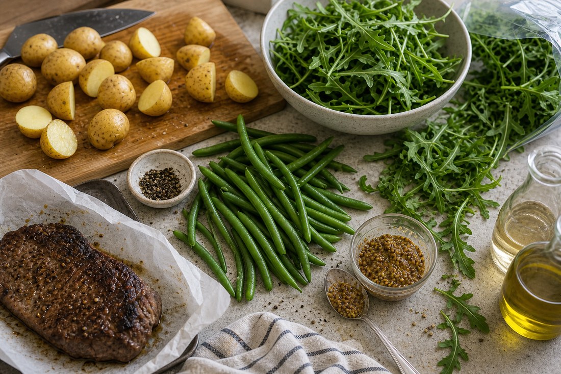 Steak potato green bean salad ingredients with potatoes, steak, green beans, arugula, mustard, oil, and vinegar on a kitchen counter.