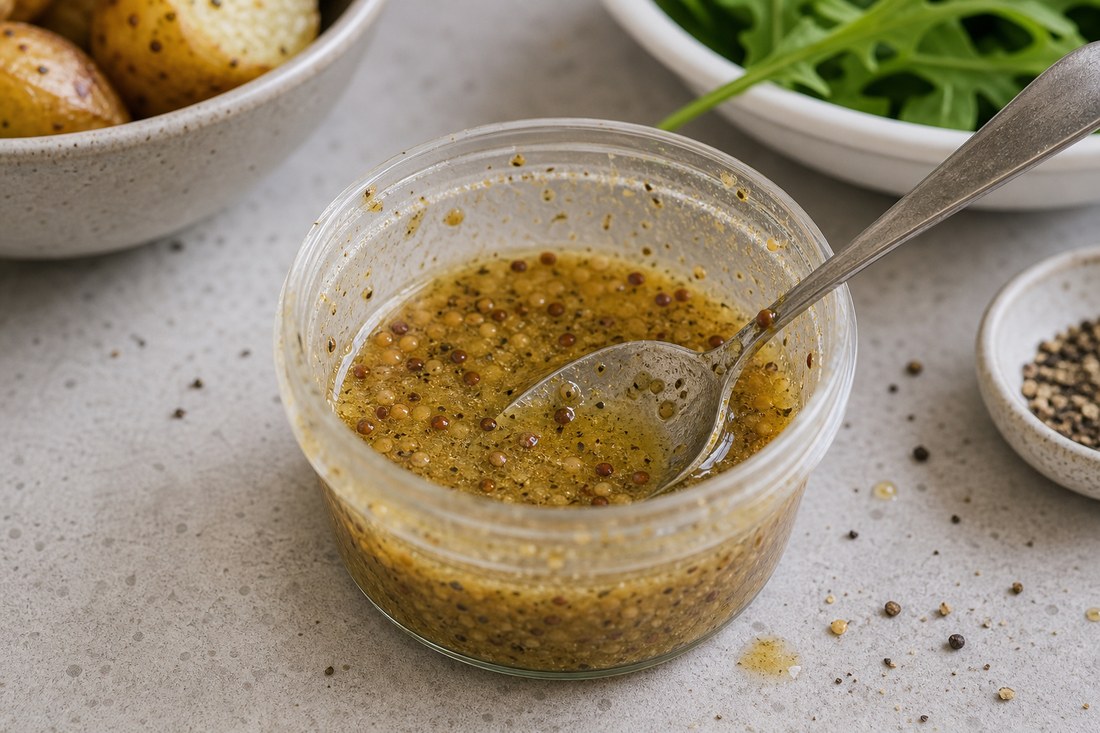 Whole grain mustard vinaigrette in a small dressing cup for steak potato green bean salad.