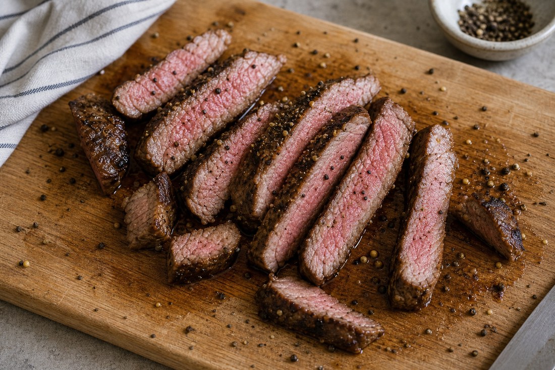 Sliced steak on a cutting board for steak potato green bean salad.