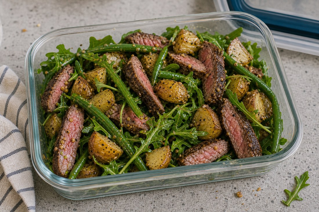 Steak potato green bean arugula salad lightly tossed in a reusable lunch container.