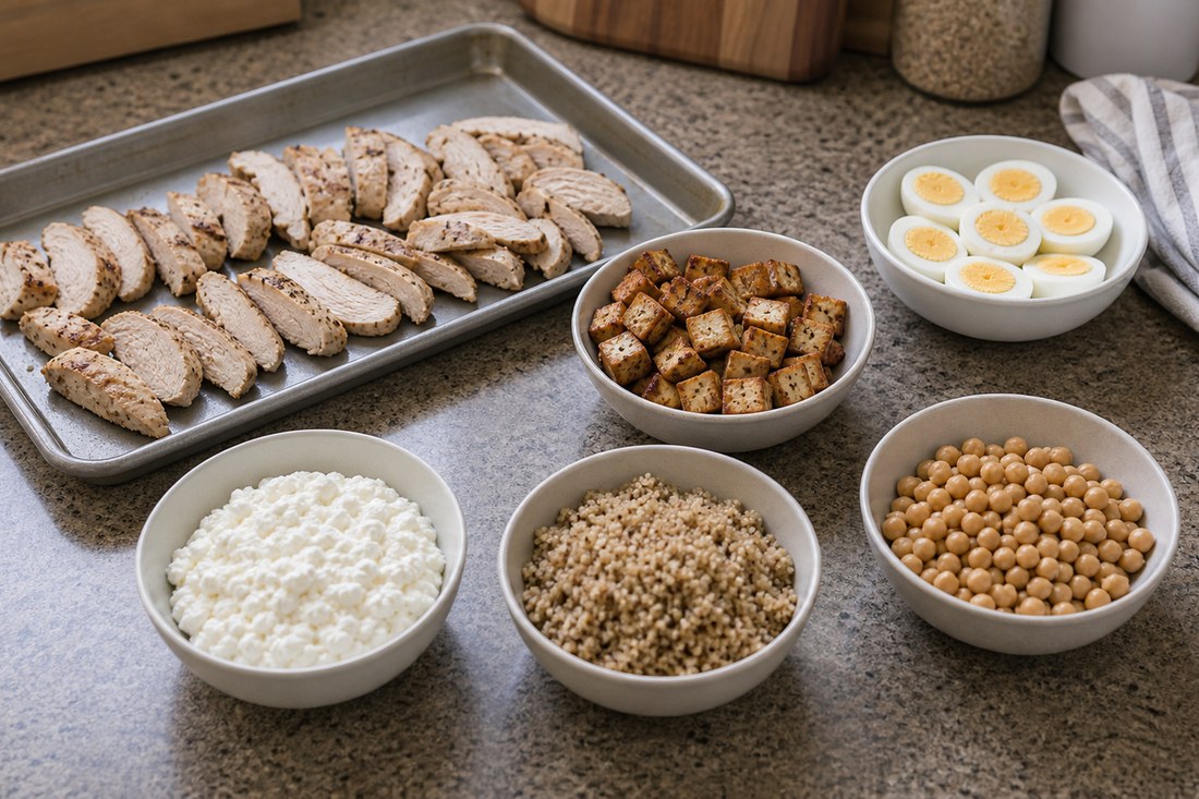 Cooked chicken, tofu, eggs, grains, and chickpeas cooling separately on a kitchen counter.