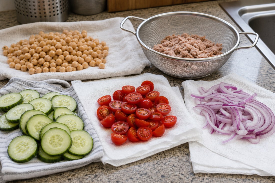 Chickpeas, tuna, cucumber, cherry tomatoes, and red onion draining on towels and in strainers.