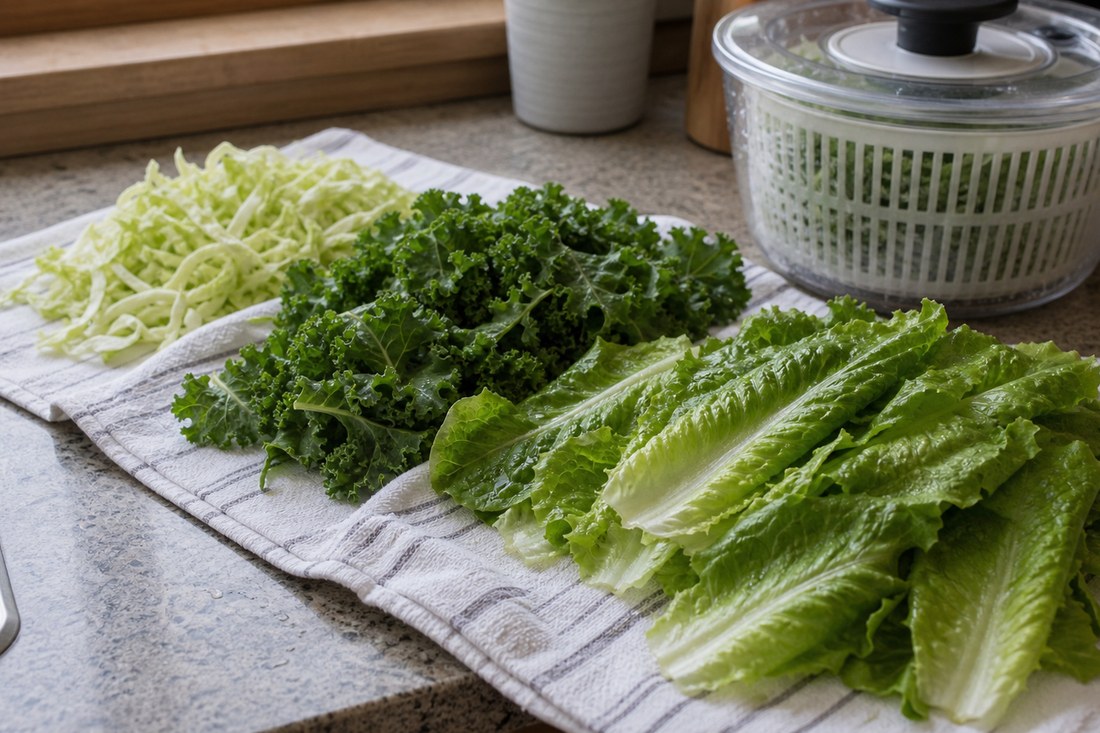 Washed romaine, kale, and shredded cabbage drying on towels beside a salad spinner.
