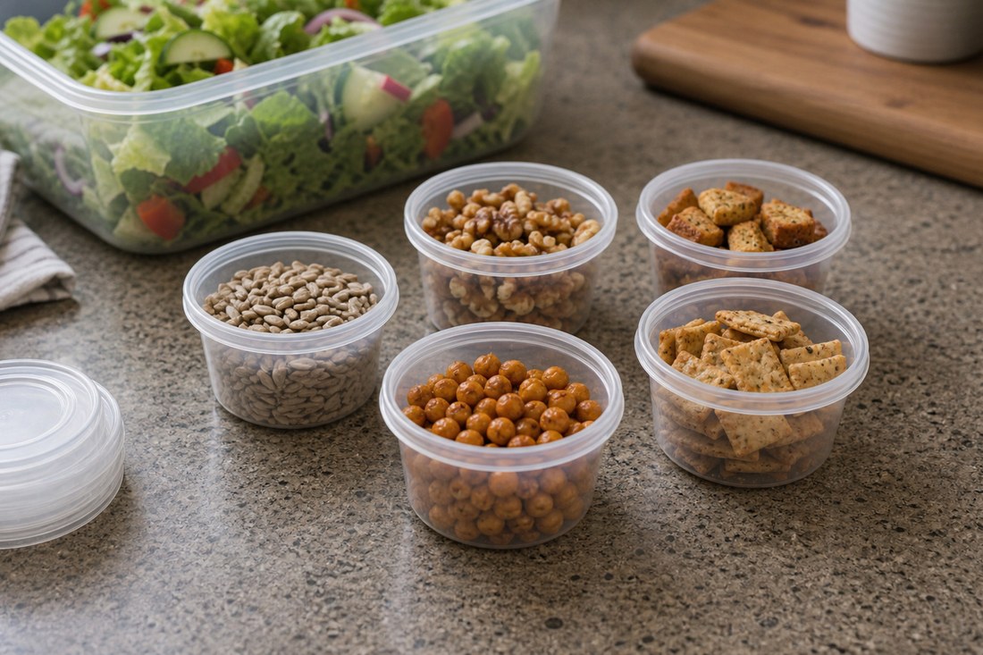 Small containers of nuts, seeds, roasted chickpeas, and croutons beside prepped greens.