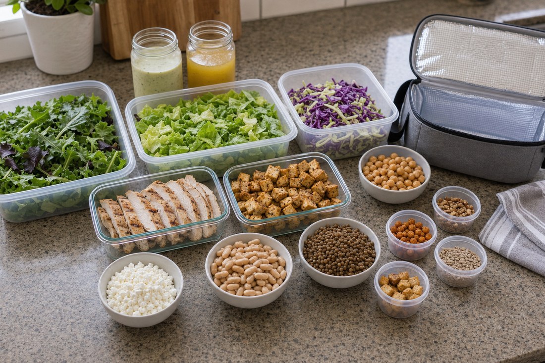 A weekly salad prep station with greens, chicken, tofu, grains, beans, dressings, toppings, and an empty lunch box.