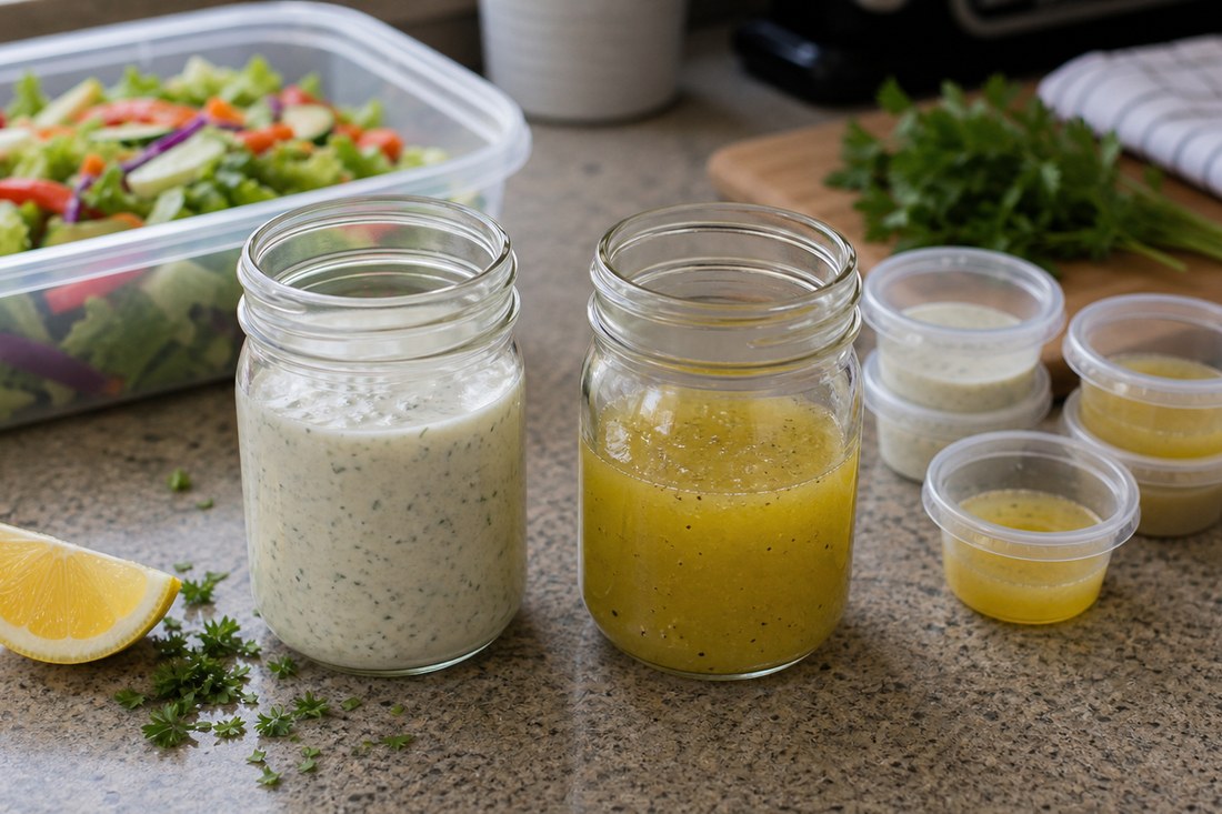 A creamy herb dressing and a yellow vinaigrette in jars with smaller lunch cups nearby.