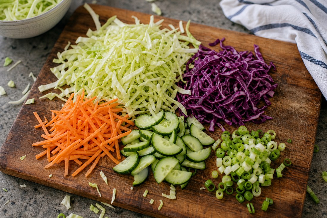 Green cabbage, purple cabbage, carrot, cucumber, and scallions prepared for teriyaki chicken cabbage salad.