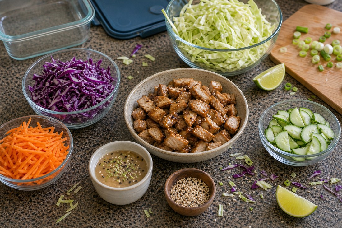 Teriyaki chicken cabbage salad ingredients with chicken, green cabbage, purple cabbage, carrot, cucumber, scallions, sesame lime dressing, sesame seeds, and lime.