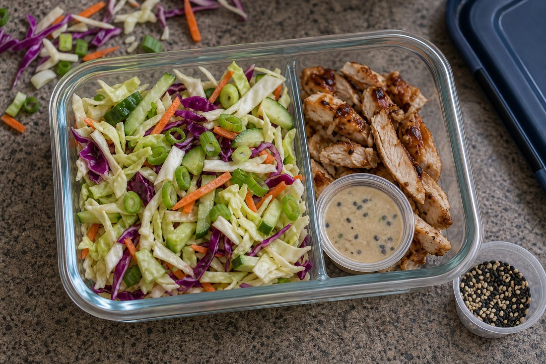 Teriyaki chicken cabbage salad packed with vegetables, chicken, dressing, and sesame seeds separated.