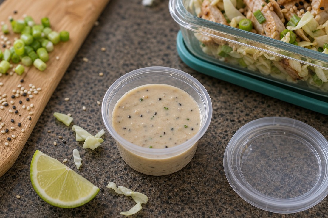 Small cup of sesame lime dressing beside cabbage and teriyaki chicken salad ingredients.